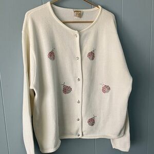 Vintage Tia Women's XL Cream Cotton Cardigan Embellished Novelty Ladybug Sparkly